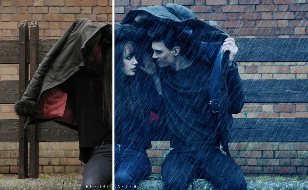 dramatic rain Photoshop, Photoshop rain brushes, heavy rain effect, realistic rain Photoshop