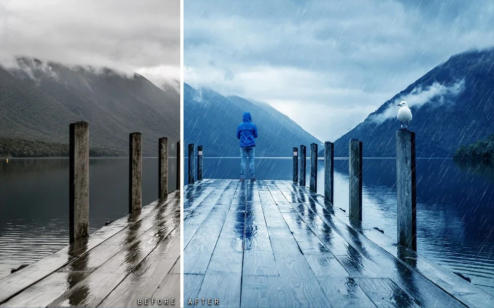Photoshop rain layer, cinematic rain effect, Photoshop storm overlays, Photoshop rainfall action