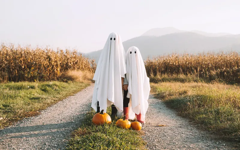 two children in ghost costumes and a pumpkin head posing for a photo