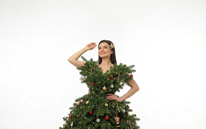 woman wearing a Christmas tree dress