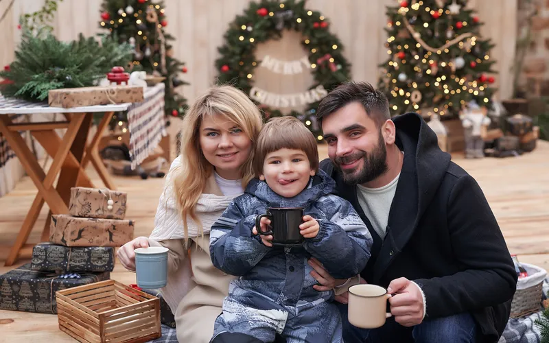 family celebrating winter holidays