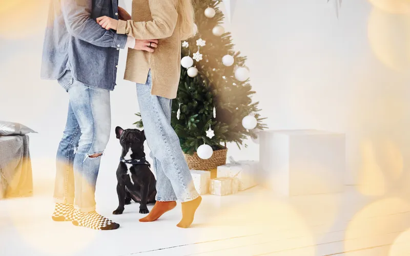 creative couple photoshoot by Christmas tree