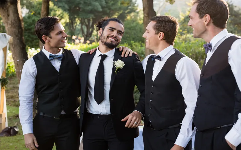 groomsmen posing for a photo in formal suits