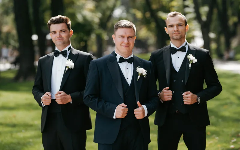 groomsmen standing shoulder to shoulder to pose for a photo