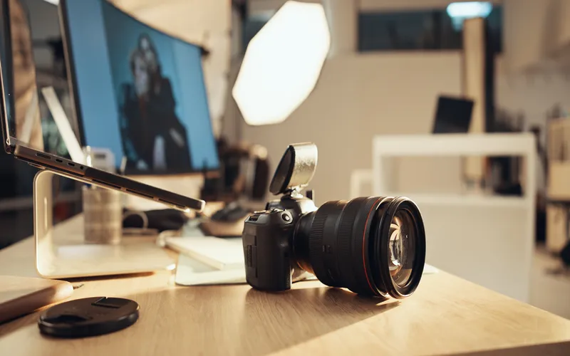 Camera and laptop on wooden desk in studio