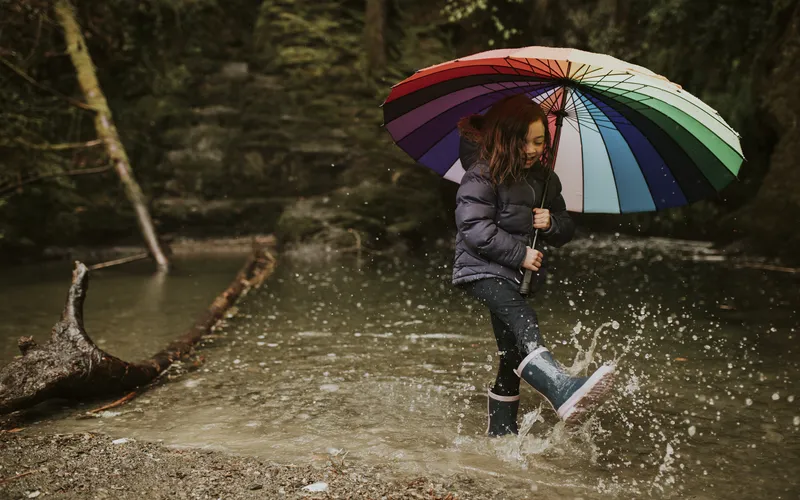 photo of a girl jumping in the puddle