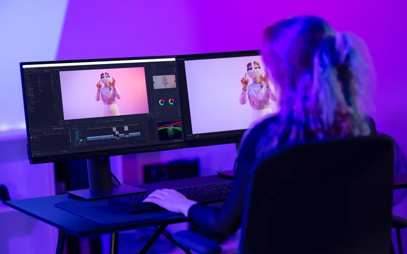 woman working on dual monitors to edit photos with photo editing software