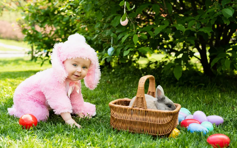 baby egg hunting in easter themed photoshoot