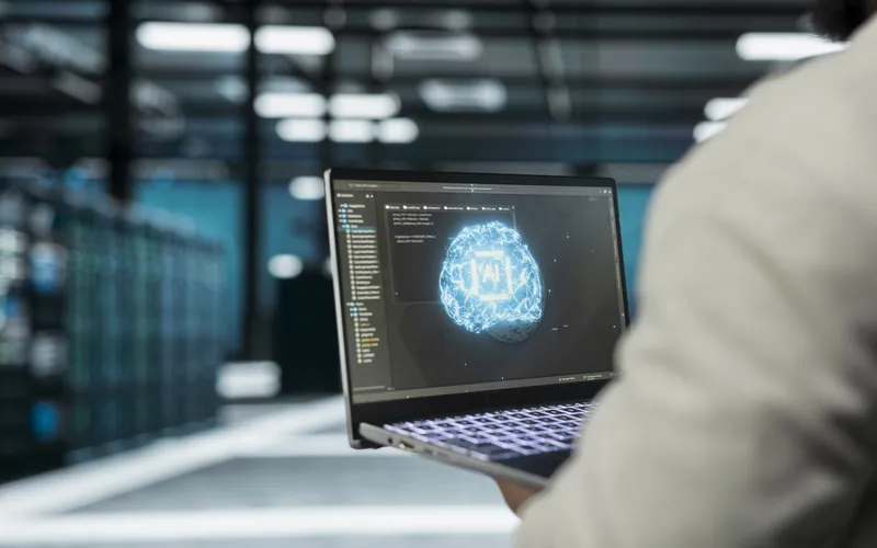 closeup of data centre programmer using ai software