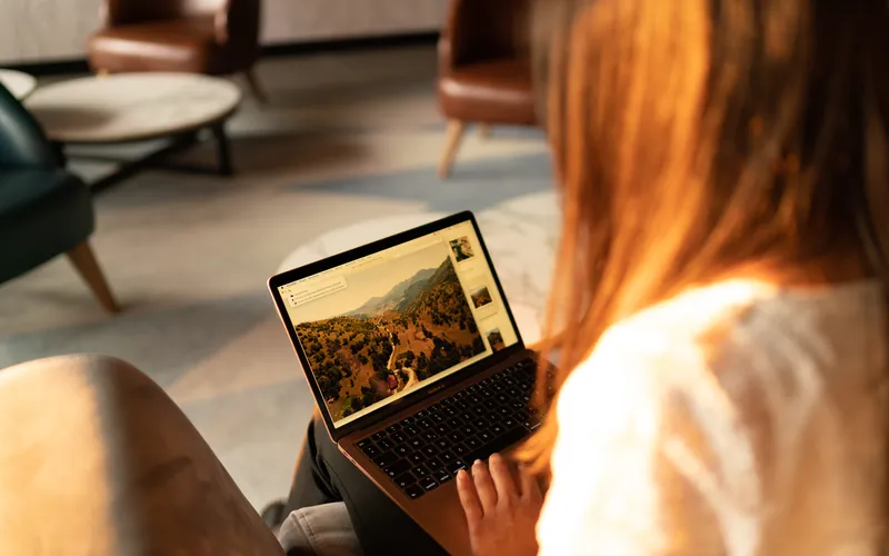 woman working on laptop during sunset