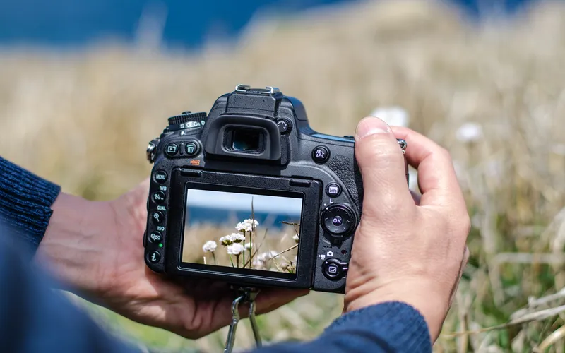 close up view of camera displaying field