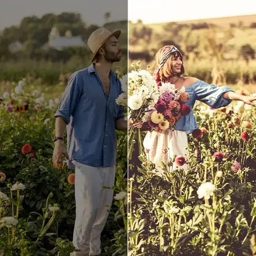 edited photo of a couple outdoors after applying Natural Fields Lightroom Presets