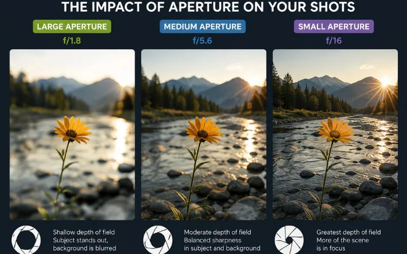 Infographic comparing large, medium, and small aperture settings (f/1.8, f/5.6, f/16) on the same sunflower scene, showing wide vs narrow aperture depth of field differences