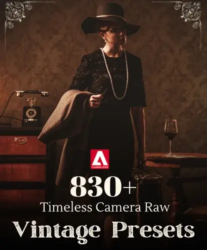 Camera Raw Vintage Presets bundle for creating timeless vintage edits with warm tones, faded film effects, cinematic colors, and professional photo enhancements.