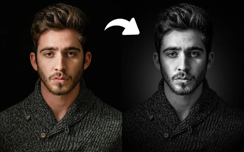 Professional monochrome photo editing with deep contrast and shadows