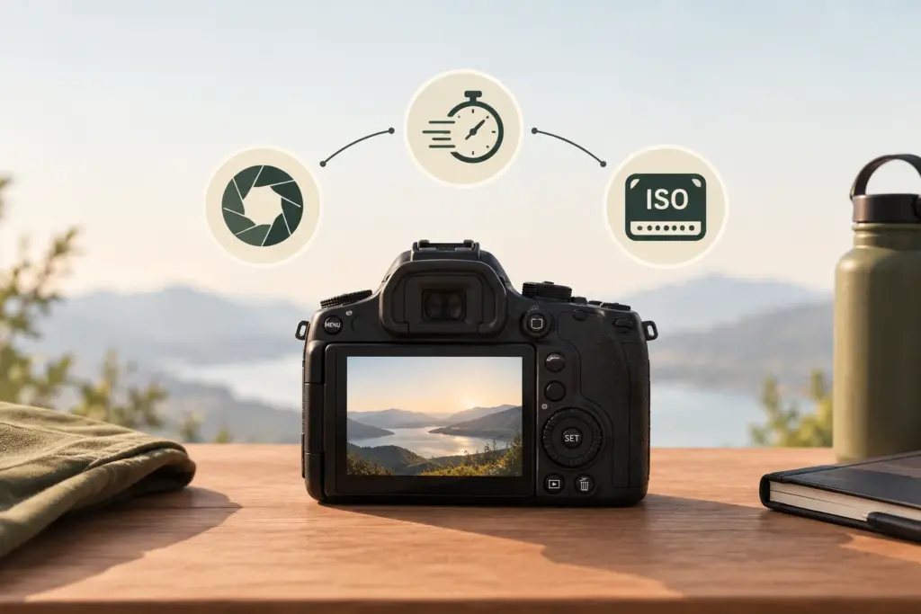 Camera on a wooden table displaying a lake and mountain sunset on its screen, with aperture, shutter speed, and ISO icons above it representing nature photography settings.