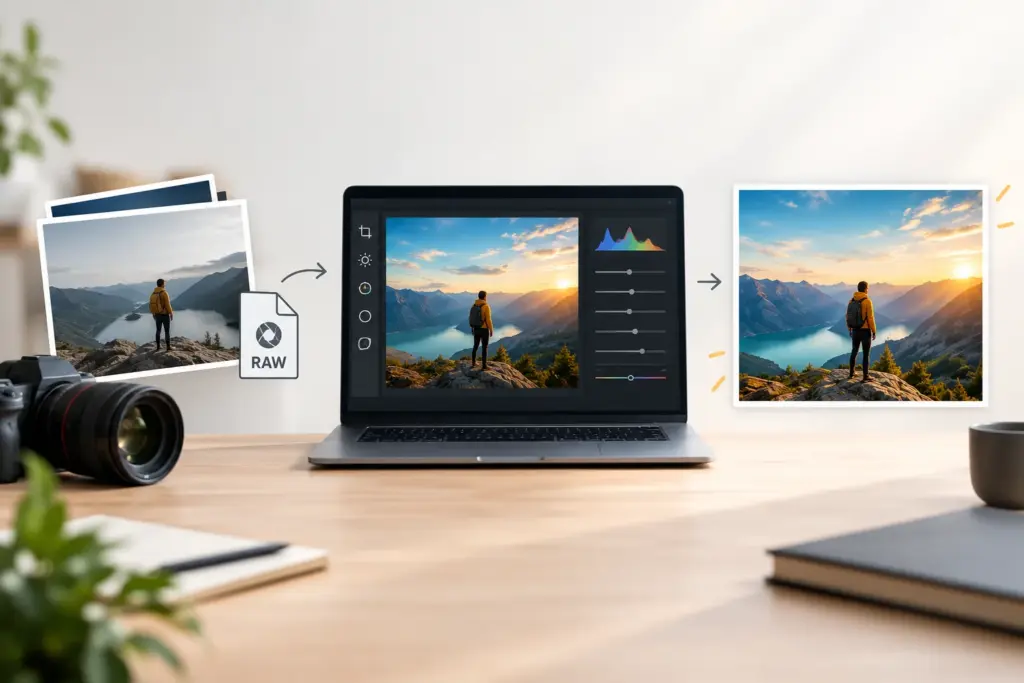 Photo editing workflow showing a RAW landscape image of a hiker on a mountain overlooking a lake, edited on a laptop with adjustment sliders and a histogram, then shown as the final vibrant sunset photo.