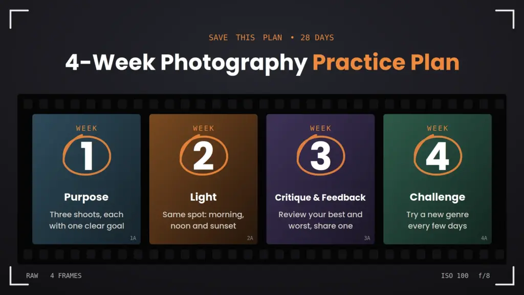 4-Week Photography Practice Plan shown as a film strip with four weekly frames: Week 1 Purpose, three shoots with one clear goal each; Week 2 Light, the same spot at morning, noon, and sunset; Week 3 Critique & Feedback, review your best and worst and share one; Week 4 Challenge, try a new genre every few days.