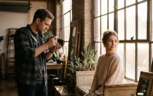 Photographer checking how window light falls on a woman’s face, a real-life example of photography lighting