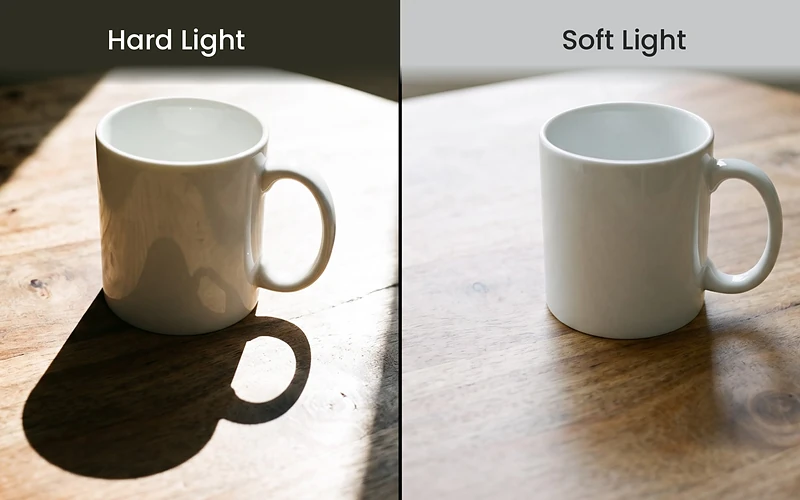 Hard vs soft light: a white mug with a sharp shadow in direct sun and a faint shadow in window light