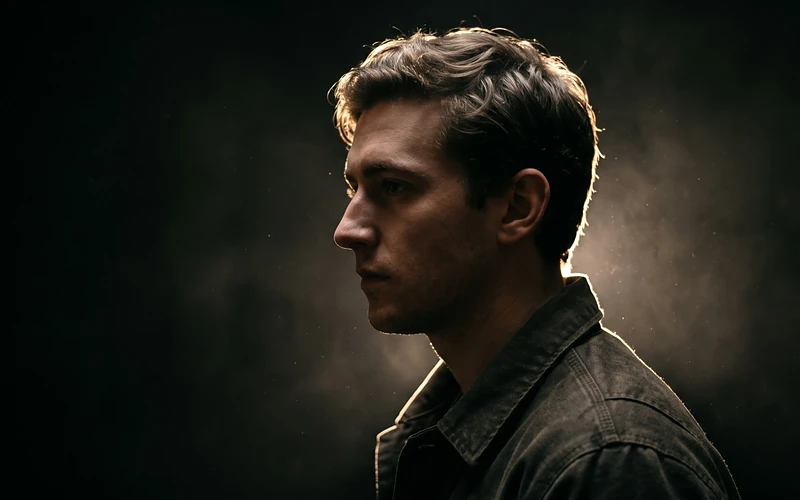 Man in profile against a dark background, with rim lighting outlining his hair and shoulders