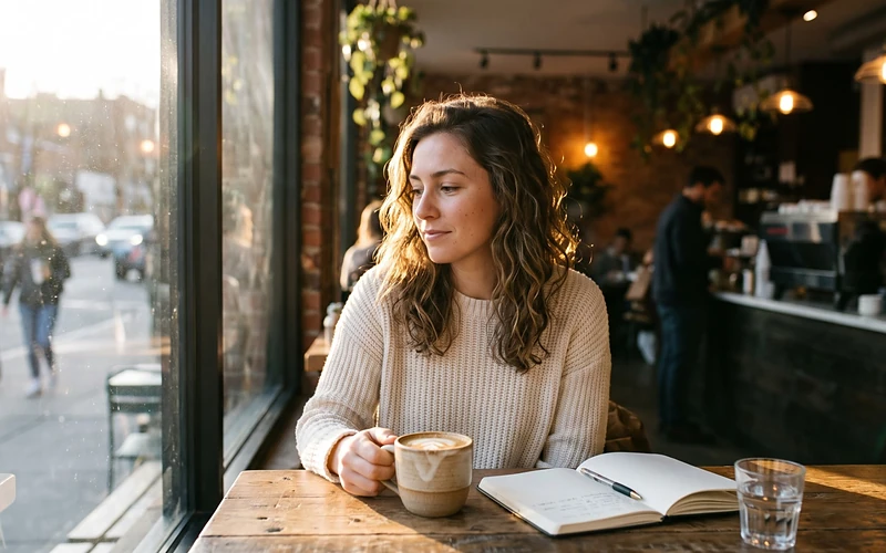 Woman at a café window, her face lit by warm natural light from outside