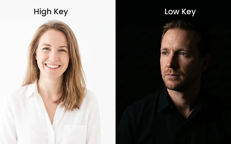 High key lighting on a smiling woman against white, beside low key lighting on a man against black