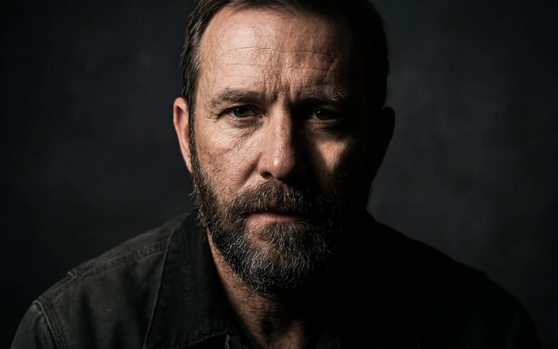Bearded man in Rembrandt lighting, with a small triangle of light on his shadowed cheek